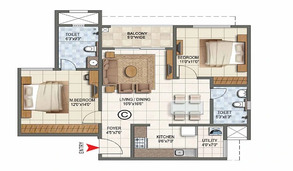 2 BHK, 1,000 – 1,300 sq.ft. floor plan at Sobha Wisteria