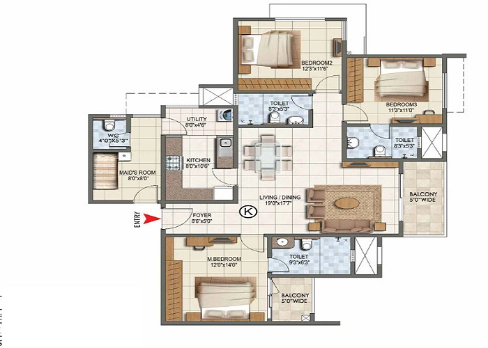 3 BHK, 1,500 - 1,800 sq.ft. floor plan at Sobha Wisteria