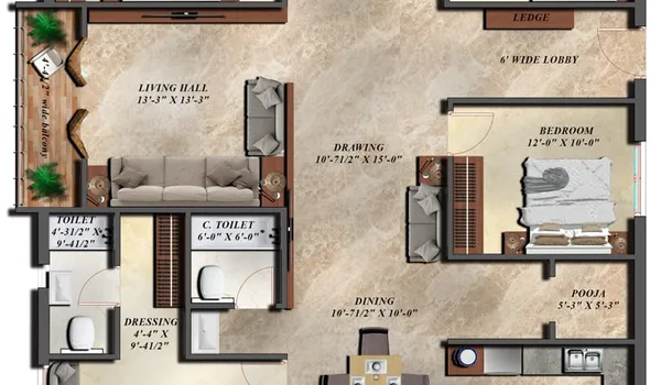 4 BHK, 2,200 - 2,500 sq.ft. floor plan at Sobha Wisteria